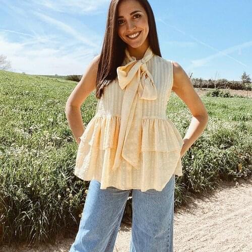 Womens Blouse Casual Za Fashion 2021 Bow Tie Ruffles Shirt Women Sleeveless Elegant Mujer Tops Elegant Women Blouse