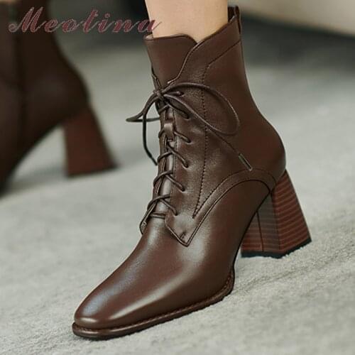 Meotina Shoes Women Genuine Leather Ankle Boots High Heel Square Toe Boots Thick Heel Zipper Ladies Footwear Autumn 34-40 Black