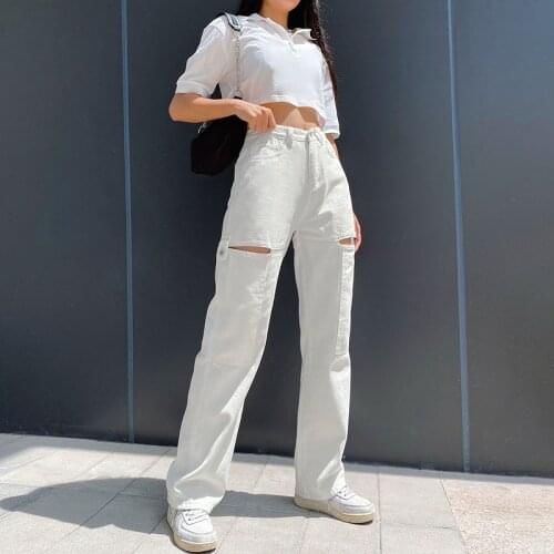 Women Vintage High Waist Wide Leg pants Solid Hollow Out Womens Jeans White Harujuku Korean Fashion Baggy Stright Y2K pants