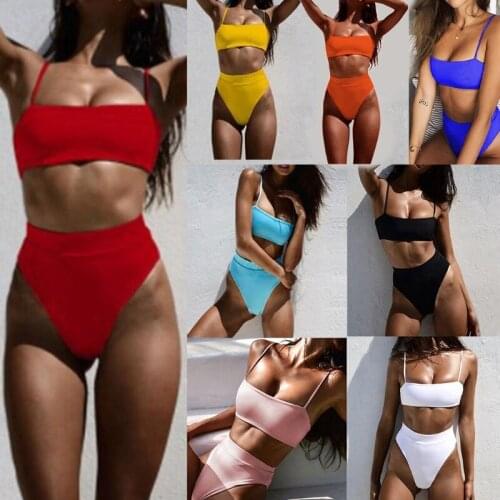 Womens Sexy 2 Piece Bikini Set Spaghetti Cami Strap Bandeau Swimsuit High Waisted Cheeky Thong Solid Color Bathing Suit
