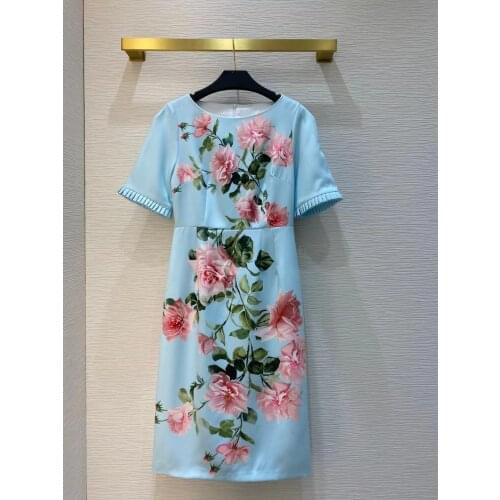 Newest 2021 Summer Fashion Runway Elegant Midi Dress Women O- Neck Short Sleeves Flowers Print Boho Holiday Party Dress