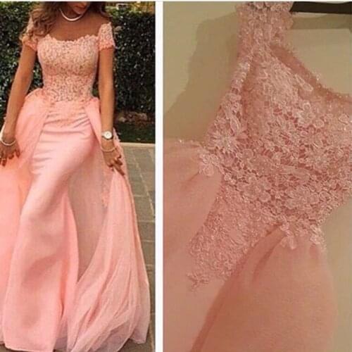 New Arrival Off the shoulder Pink Evening dresses Long Dubai Arabic evening gowns Pearls Beaded Formal dress robe de soiree