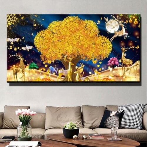 5d diy diamond painting Golden tree mosaic cross stitch 3d embroidery diamond Rich Deer Full round square Drill Home Art X99