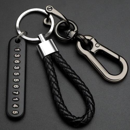 Anti-lost Car Keychain Phone Number Card Keyring Leather Bradied Rope Auto Vehicle Key Chain Holder Accessories Gift for Husband