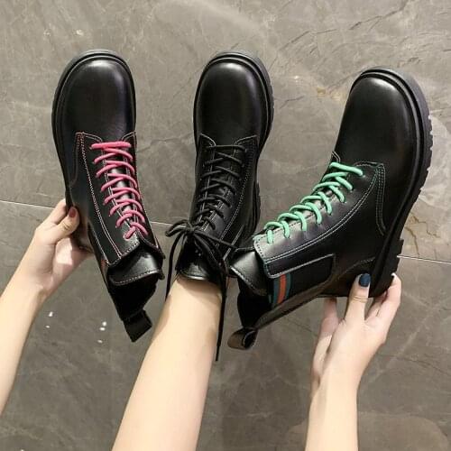 Free Shipping Black Leather Women Boots 2020 Fashion Flat Ankle Boots Lace Up Shoes With Elasticity Calf Bulk Wholesale