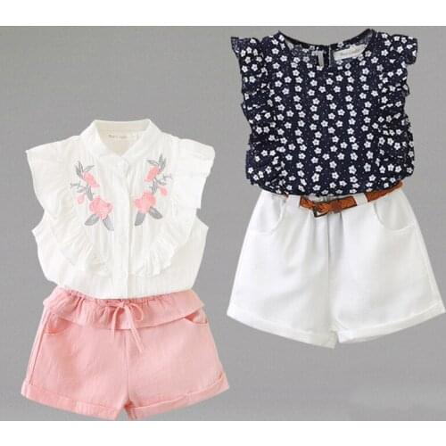 Children Clothes Cute Pattern Bow Suits Summer Kids Embroidery Sleeveless Floral Pattern Clothes Pants 2PCS Baby Girls Sets