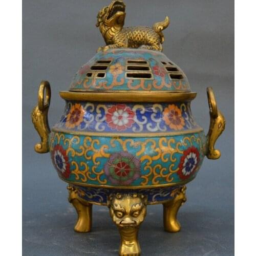 China Bronze Cloisonne Enamel Kylin Lion Beast Head Incense Burner Censer Statue