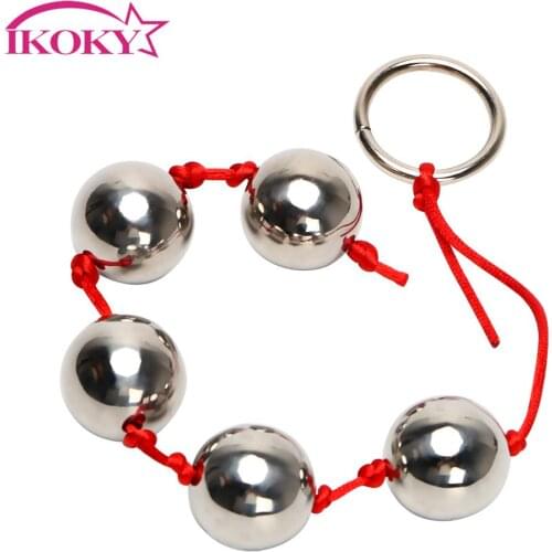 IKOKY 2.5cm Big Balls Ring Handheld Anal Bead Five Metal Anal Balls Stainless Steel Butt Vaginal Plug Sex Toys for Woman Men