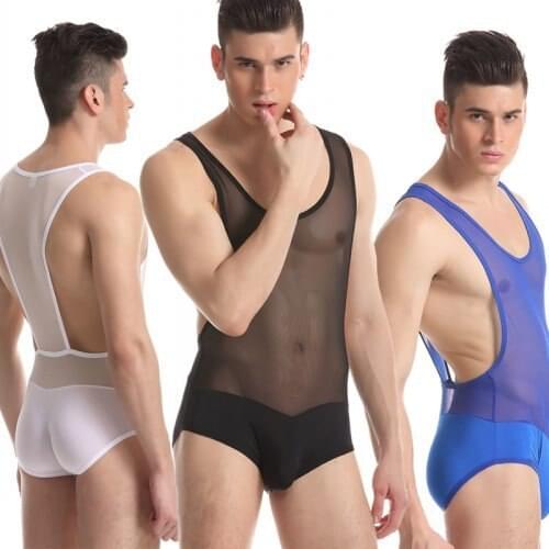 JQK Mens Underwear Nylon High Elastic Perspective Sexy Jumpsuit Transparent Shapers