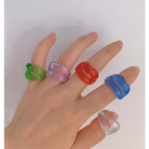 90s Aesthetic Sexy Lips Rings for Women Y2K Jewelry Vintage Shiny Mouth Acrylic Rings Korea Multicolor Trendy Accessories Gifts