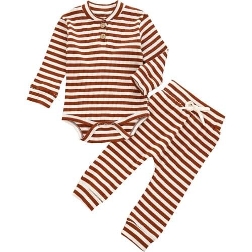 2pcs Baby Girls Boys Striped Cotton Sets Toddler Infant Newborn Long Sleeve O Neck Romper Soft Pants Autumn Spring Outfits 0-24M