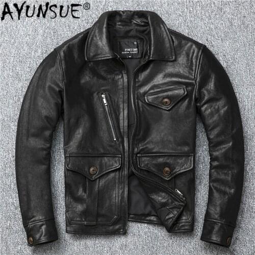 AYUNSUE 2020 Genuine Leather Jacket Men Vintage Sheepskin Coat for Men Spring Autumn Motorcycle Jacket Short Slim 1931 KJ4727