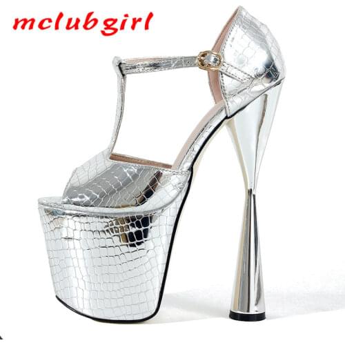 Mclubgirl New Solid Color Fish Mouth Light Mouth Thick Heel Nightclub Sandals Gold and Silver T-shape Oversized Shoes MJL