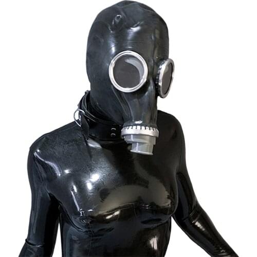 Fashion All-Inclusive Latex Mask Fetish Black Rubber Gas Mask Breathing Bag Set Breathing Control Equipment Cosplay Accessory