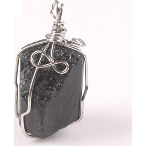 Natural Aphrizite Schorl Jet Raw Rough Rock Mineral Specimen Healing Stone Hand-wound Wire Black Tourmaline Necklaces Pendants