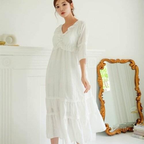 New Cotton Jacquard Nightgowns White Long V-neck Lace Fairy Nightdress Three Quarter Sleepwear Women Sexy Night Dress Sleep Tops