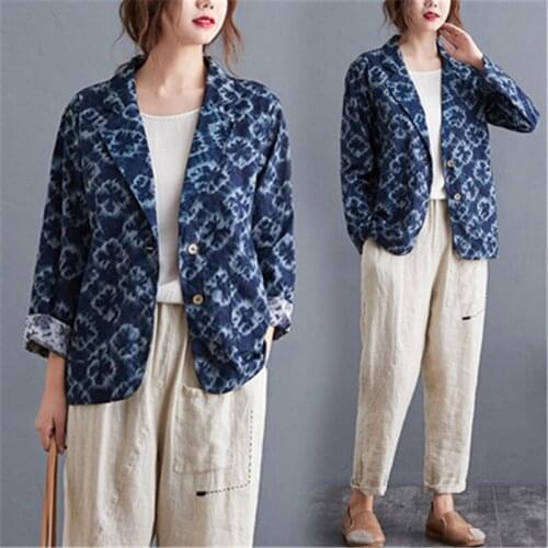 2021 Spring Fashion New Batik Cotton And Linen Small Suit Single-Breasted Long-Sleeved Lapel Double-Pocket Jacket Female Trend