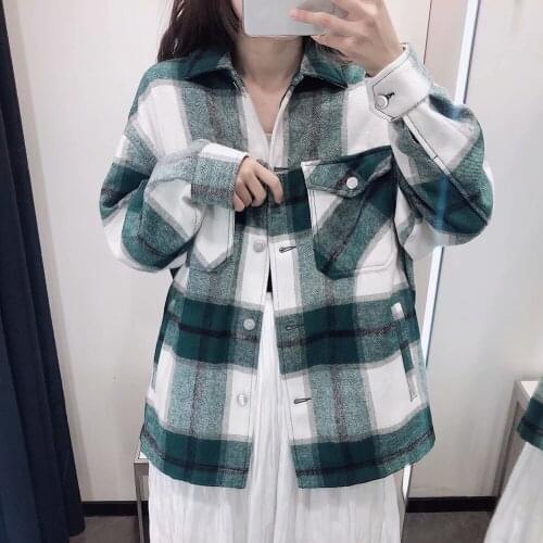 Autumn Winter Green Plaid Jacket Coat Women Button Long Sleeve Coat Office Warm Outwear Oversized Chic Tops Winter Jacket Women