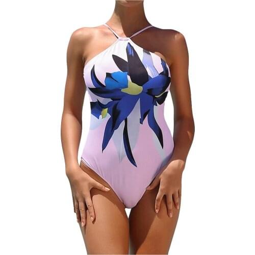Sexy Women Piece Bikini Flowers Print Necking Beachwear Bikini Sexy Swimsuit Halter Printed Swimsuit Women High Waist Z0228