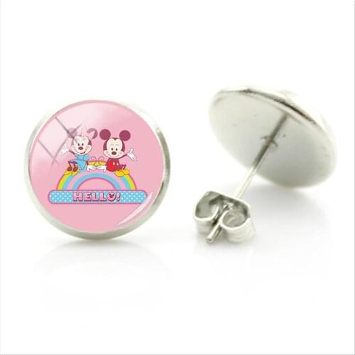 Disney Lovers Earrings Pink Background Cartoon Round Dome Glass Minnie Mickey Lovers Earrings Accessories