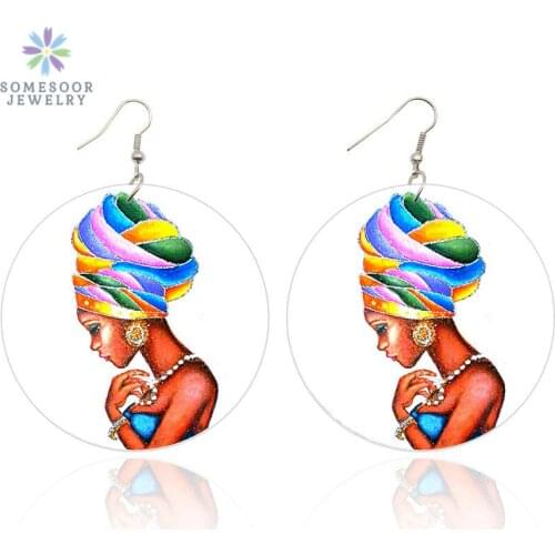 SOMESOOR Black Headwrap Woman Afro Art Wooden Drop Earrings Afrocentric Ethnic Wood Dangle Jewelry Both Sides Printing Gifts