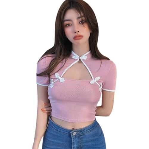 Chinese Style T Shirt Women Summer Sexy Hollow Out Short Sleeve Tops Fashion Cheongsam Tee Shirt Tops