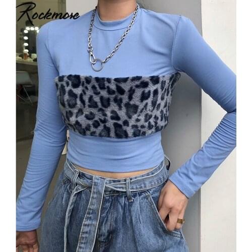Rockmore Leopard Furll Patchwork T Shirt Women Y2K Sexy Crop Top Long Sleeve Pullovers Basic Tshirt Streetwear Korean Casual Top