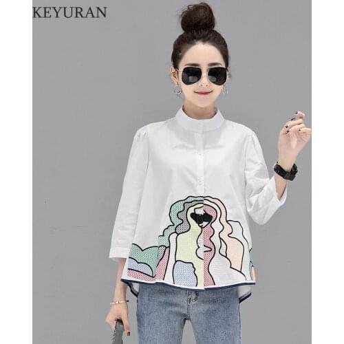 New Arrival Embroidery 3/4 Sleeve Tops Women Cotton Casual Shirt Plus Size Summer Embroided Shirts Stand Collar Fashion Blouse