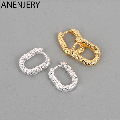 ANENJERY 925 Sterling Silver Oval Hoop Earrings For Women Irregular Texture Geometric Personality Jewelry Party Earrings