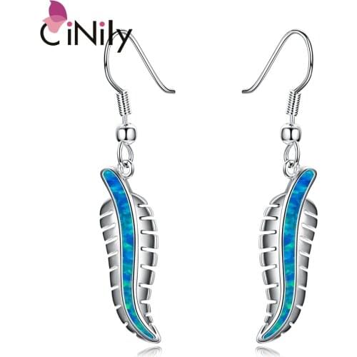 CiNily Created Blue Fire Opal Silver Plated Wholesale Hot Sell Fashion Jewelry for Women Gift Drop Earrings 1 3/4" OH4365