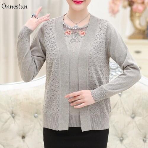 Real Two Pieces Sets Sweater Women Autumn Long Sleeve Hollow Mother Sweater Set Shirt + Cardigan Embroidery Sweater For Women