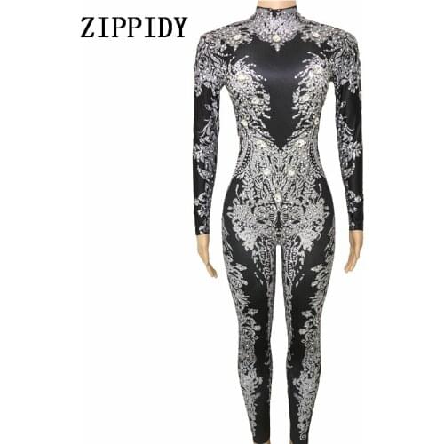 Women Sexy Silver Rhinestones Jumpsuit Performance Leggings Female Singer Leggings Glass Big Crystals Costume Stretch Bodysuit