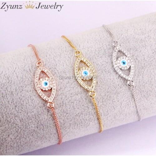 10PCS ZYZ327-1365 CZ Micro Pave Blue Eye Connector with Shell, CZ Charm Beads Bracelets