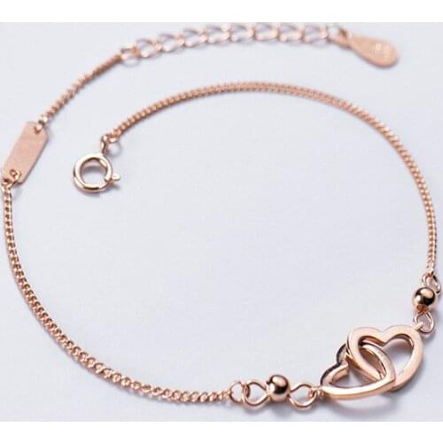 100% Real 925 Sterling Silver Interlocking Double Love Hearts Bracelets for Women Girls