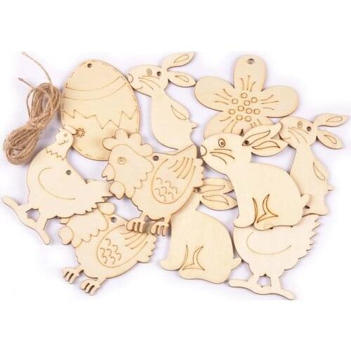 5Pcs Creative Easter Rabbit Egg Wooden Pendants Hanging Ornaments For DIY Handmade Wood Crafts Home Accessories Party Decoration