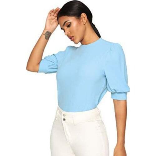 5XL Plus Size Women Spring Cotton T Shirt 2021 New Round Neck Lantern Sleeve Solid Tops Shirt Casual Office Lady Camiseta