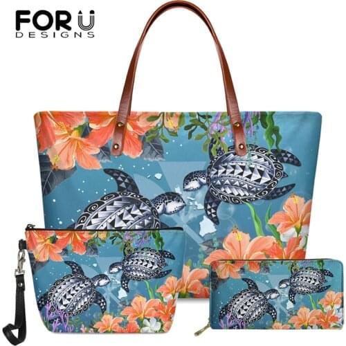 FORUDESIGNS Handbag for Women Kanaka Maoli Polynesian Turtle Hibiscus Design Female Long Pu Leather Wallet&Big Soft Tote 3set
