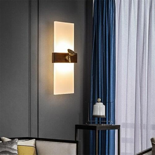 Chinese wood art rectangular wall lamps creative bedroom bedside lamp Zen aisle living room Acrylic wall study sconces lights