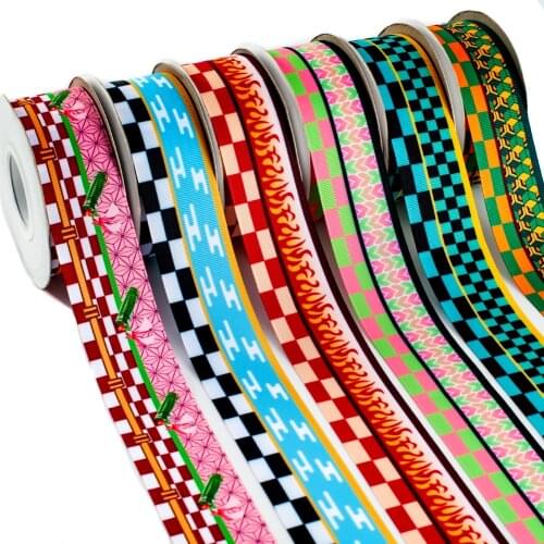 Kimetsu No Yaiba Grosgrain Ribbon Printed Japanese Anime Flowers Tape 10Yards for Holiday Hair Bow DIY Materials
