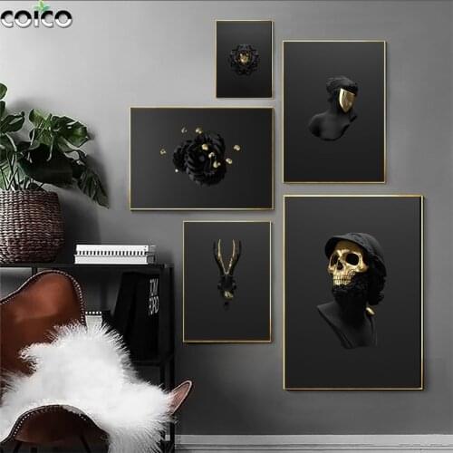 Black Gold Flower Skull Hand Bull Head Wall Art Poster Print Canvas Painting Abstract Morden Home Decor Wall Picture With Frame
