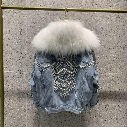 High-Quality Heavy Industry Beaded Coat 2021 New Female Winter Detachable Liner White Raccoon Dog Fur Collar Denim Down Jacket
