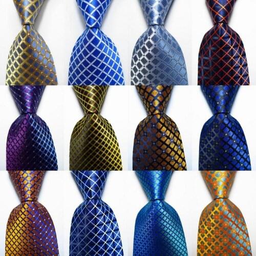 New Fashion Plaid Tie Mens 9cm Silk Necktie Set Blue Gold Yellow JACQUARD WOVEN 100% Silk Mens Tie Necktie
