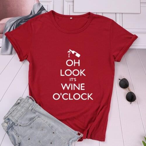 OH LOOK IT 'S WINE O'CLOCK Love Drink Cotton T Shirt Funny Clothing Short Sleeve Round Neck T-shirt Casual Top Tees for Unisex