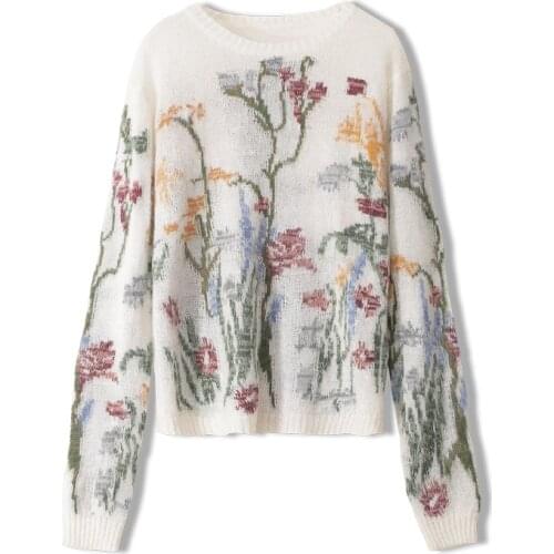 Spring Mohair Sweater Women Contrast Color Floral Jacquard Knit Sweater Fall Minimalist O-Neck Long Sleeve Intellectual Pullover