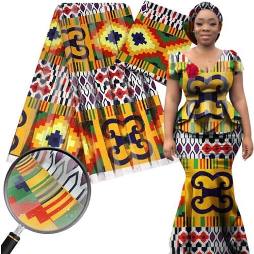 Pure Silk fabric digital printed African wax pattern 4 yards Golden powder organza fabric +2 yards Elastic fabric for dress