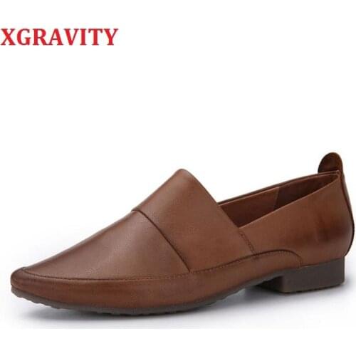 XGRAVITY 2021 NEW Fashion Pointed Toe Designer Coffee Flat Shoes Vintage Genuine Leather Woman Consice Lady Flats Shoes A078