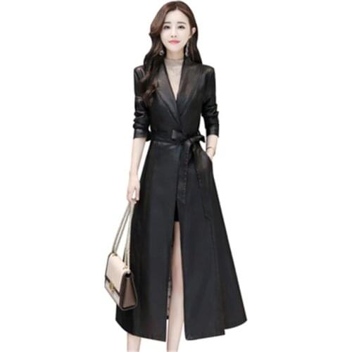 Spring new womens leather leather womens long section over the knee Korean version of the slim belt sheep leather jacket 662