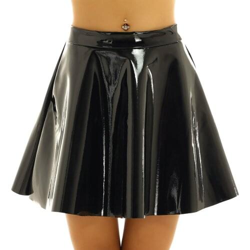 Women Mini Clubwear Sexy Pole Dance Costume Black PU Leather High Waist Fashion Flared Pleated A-Line Circle Mini Skater Skirt