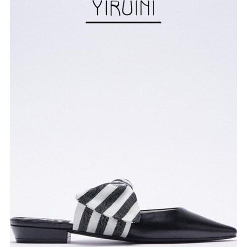 2021 ZA Style Summer New Womens Slippers Black Striped Bow Decoration Flat-Heel Mules Shoes Women