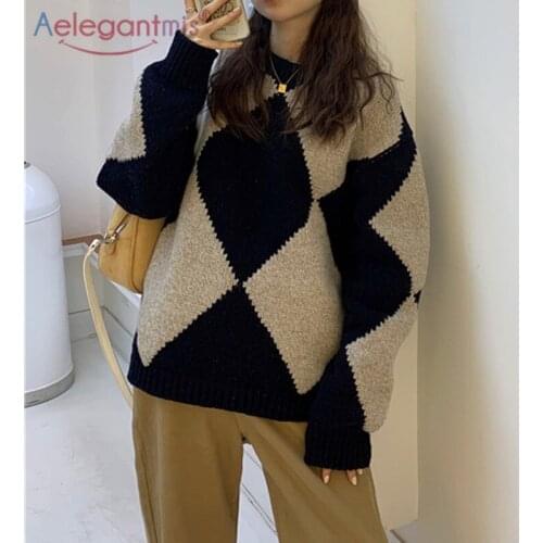 Aelegantmis Vintage Geometric Pattern Argyle Loose Pullovers Women Oversized Korean Winter Warm Causal Sweater O-Neck Tops Chic